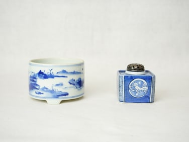 Lot of 2 Asian Blue White Porcelain Censers With Sterling Silver Cover