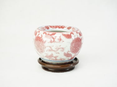 Chinese Copper Red Scholar Water Pot With Mark and Wood Stand