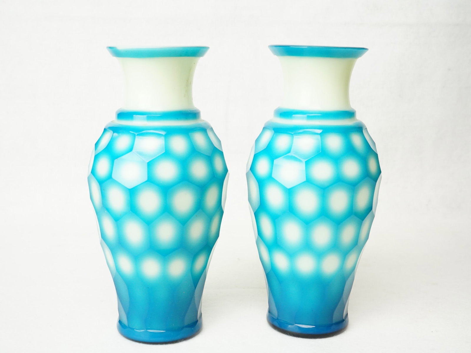 Pair of Chinese Peking Glass Turquoise and White Vases: Approximate size:H:8 in Shipping: We offer in-house shipping services for most small items. This means that we will take care of packing and shipping the items directly to you. For larger or specializ