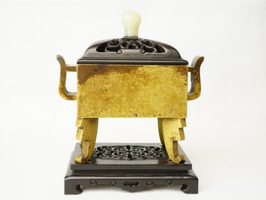 A Chinese Rectangular Bronze Censer With Stand and Jade Finial Cover