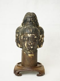 Ancient Chinese Wood Three Face Buddha Head