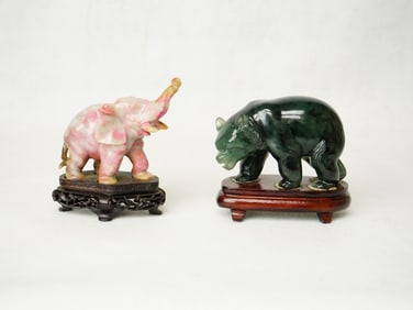 Chinese Hardstone Jade Elephant and Bear Carvings, 20th Century