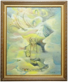 Artist Signed Japanese Buddha Painting ,Oil on Canvas, Early 20th Century