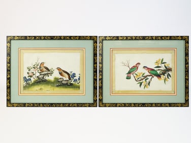 Pair of Chinese Export 'Bird and Flower' Painting on Pith Paper, 18th Century-19th Century