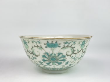 Chinese Famille Rose 'Green Lotus Scroll' Bowl