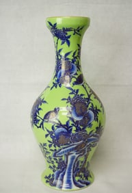 Chinese Green-Ground Blue-and-White Floral and Bird Olive-Shaped Vase With Yongzheng Mark