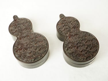 Pair of Chinese Carved Hardwood Gourd-Form Covered Boxes
