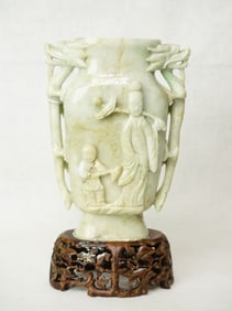 A Chinese Carved Jadeite Vase With Wood Stand, Early 20th Century