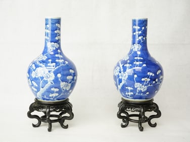Pair of Chinese Blue and White 'Prunus' Vases With Wood Stands