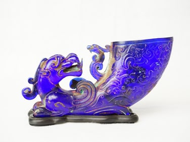Chinese Carved Blue Peking Glass Dragon Wine Cup