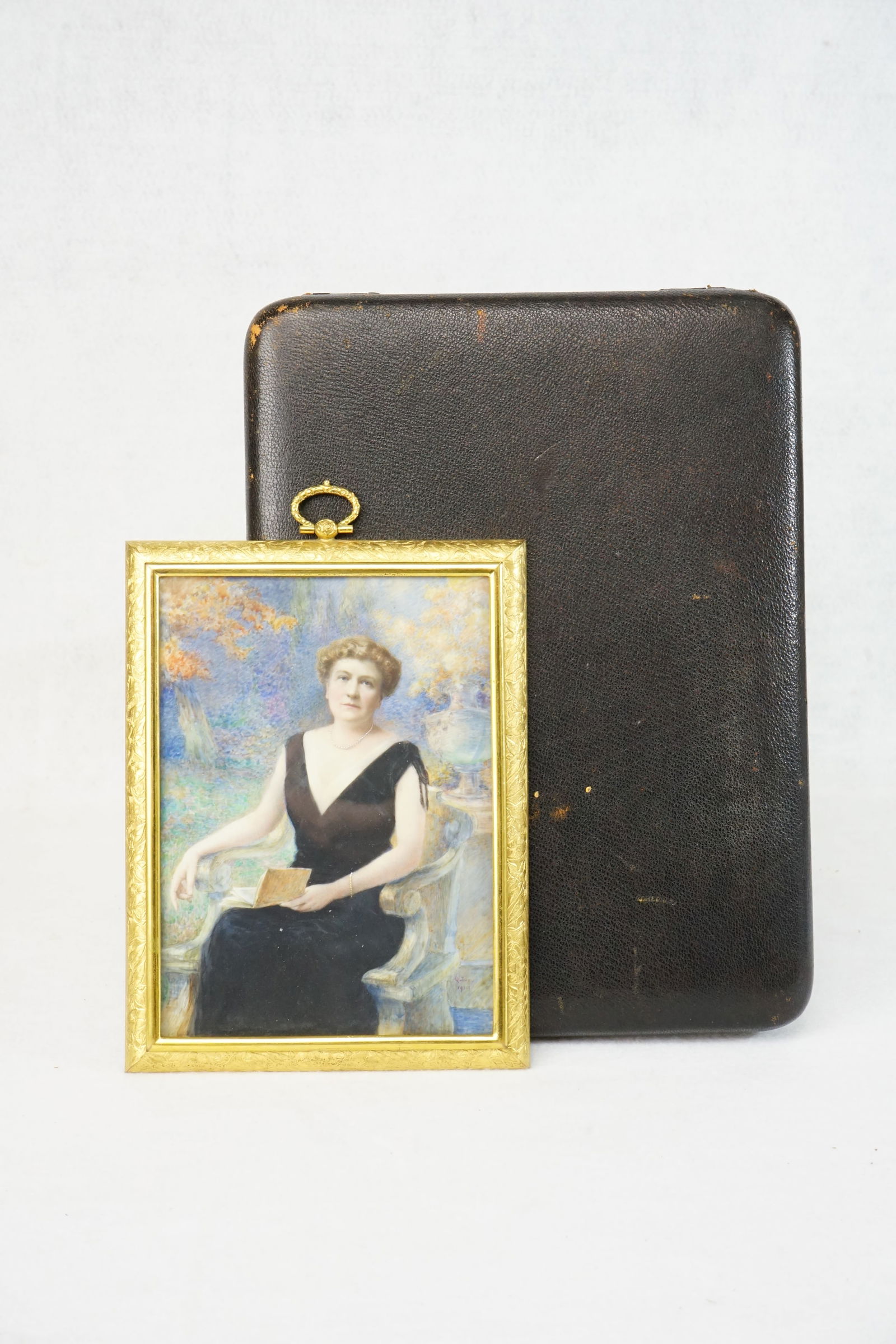 A Rare Gilt Framed Artist Signed Watercolor Portrait Miniatures With Box, Dated 1914 (1 of 8)