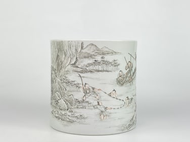 A Chinese Porcelain Grisaille 'Fishermen' Brush Pot,