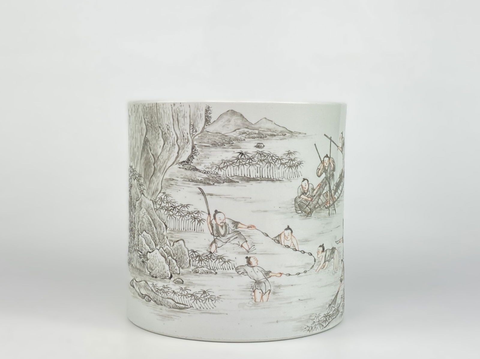 A Chinese Porcelain Grisaille 'Fishermen' Brush Pot, (1 of 7)