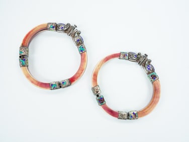 A Pair of Chinese Export Cloisonne Silver 3-Part Bracelets, Qing Dynasty