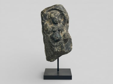 Tibetan Black Stone Carved Guardian on Stand