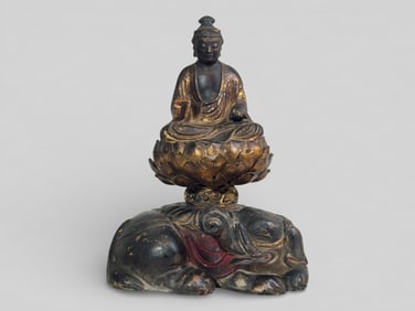 Japanese Gilt Lacquer Wood Buddha on Elephant