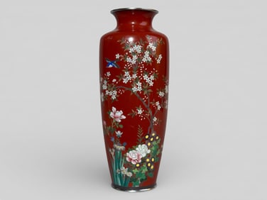 Japanese Red Enamel Cloisonne Vase of Floral Bird Scene,Early 20th Century