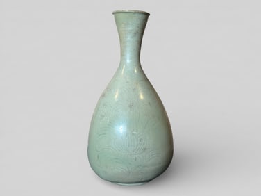 Antique Korean Celadon Porcelain Vase With Incised Lotus Motif
