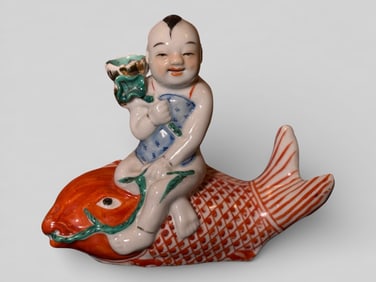 Chinese Porcelain Boy Riding Koi