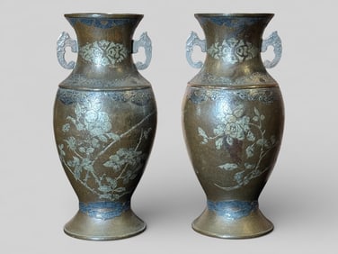 Pair of Japanese Bronze Vase With Silver Applied Shoulder DéCor