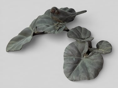 Japanese Bronze Okimono of Bird on Leaf