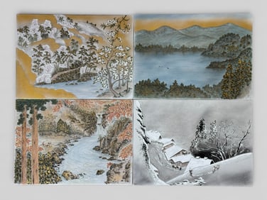 Set of Four Japanese Porcelain Tiles Depicting Four Seasons