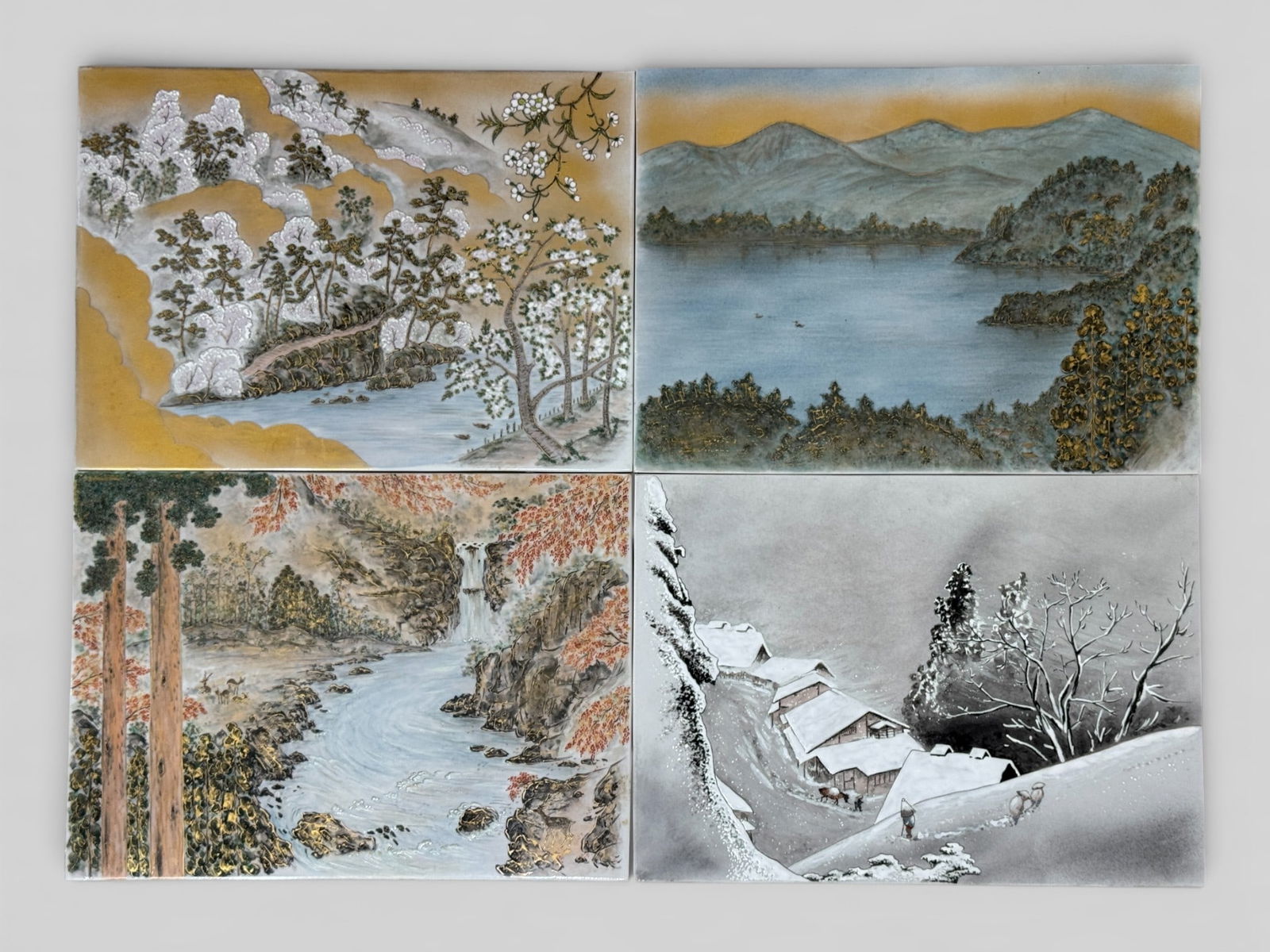 Set of Four Japanese Porcelain Tiles Depicting Four Seasons: Set of four japanese porcelain tiles of four season, signed, 13.5" by 9.5 Shipping: We offer in-house shipping services for most small items. This means that we will take care of packing and shipping