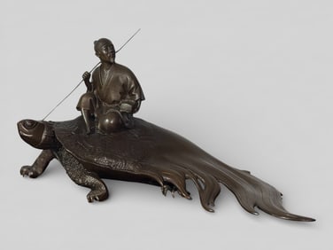 Japanese Signed Bronze Okimono of Sage on Longevity Turtle