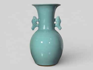 Japanese Studio Porcelain Cealdon Glazed Vase With Double Fish Ear