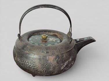 Japanese Iron Teapot With Cloisonne Cover