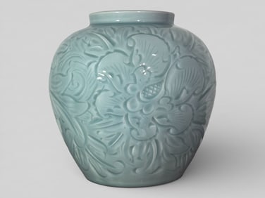 Japanese Cealdon Porcelain Vase With Incised Floral Decoration