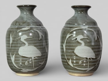 Pair of Japanese Studio Porcelain Vases With Bird