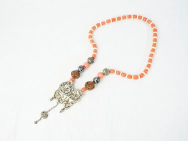 Chinese Coral and Silver Bead Necklace With Foo Dog Pendant