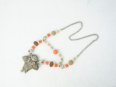Chinese Coral and Silver Bead Necklace With Basket Pendant