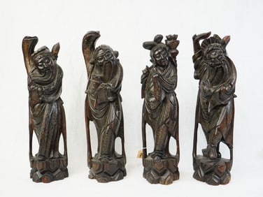 Lot of 4 Chinese Carved Wood Figures With Wire Inlay