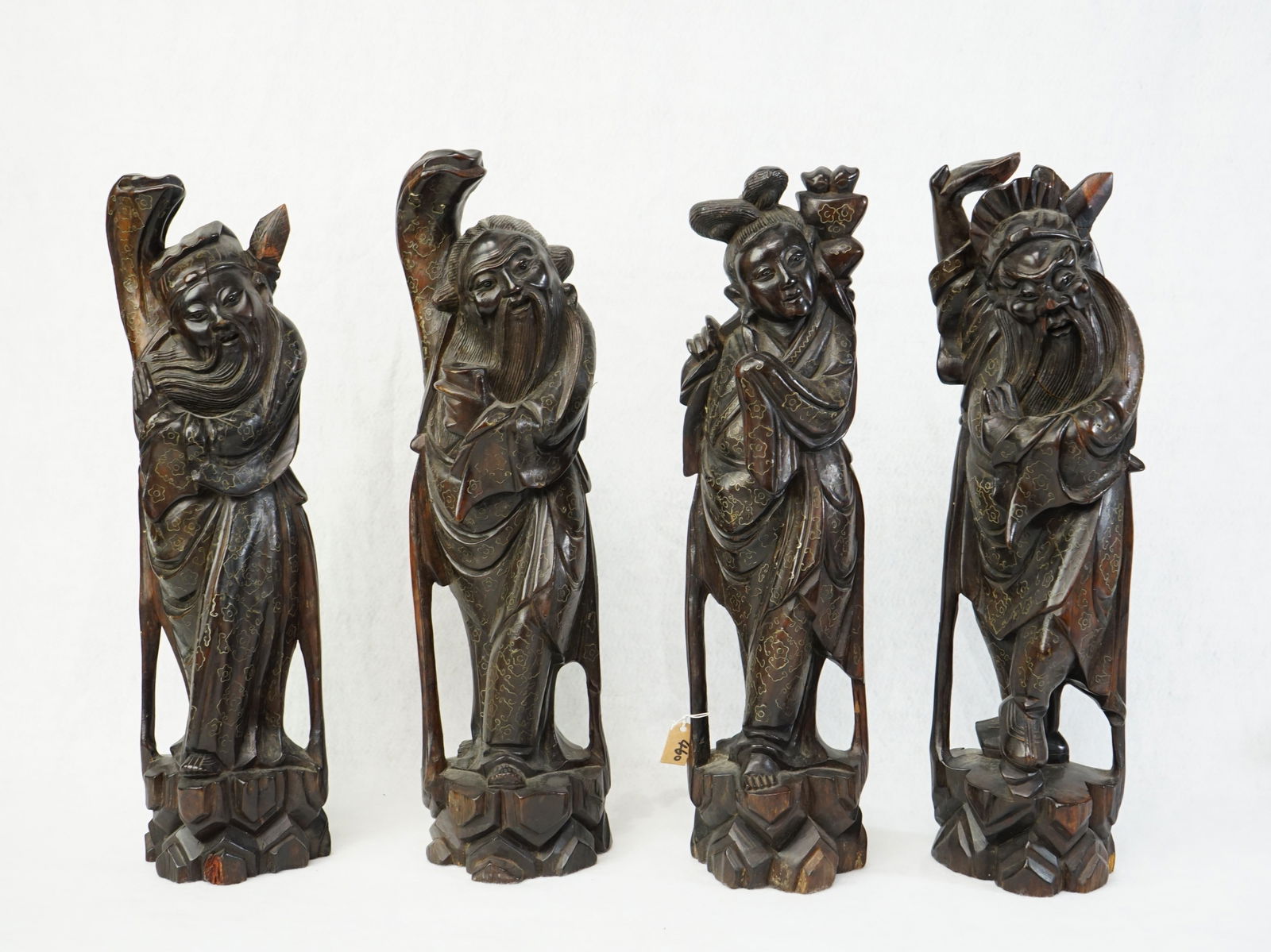 Lot of 4 Chinese Carved Wood Figures With Wire Inlay (1 of 8)
