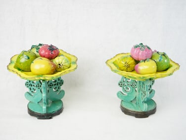 Pair of Chinese Glazed Plates on Stands With Porcelain Fruits, 19th Century