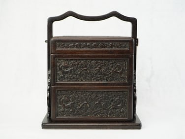 Chinese Carved Hardwood Square Multi-Layer Box