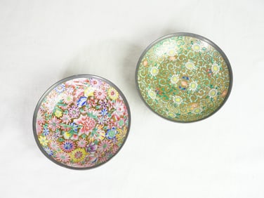 Japanese Porcelain Ware Pewter Encased Green and Red Enamel Bowls
