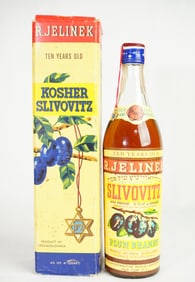 A Vintage Bottle and Box of R. Jelinek Ten Years Old Kosher Slivovitz