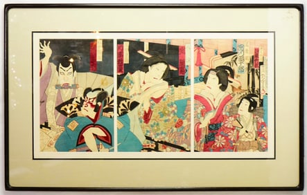 Antique Japanese Triptique Kabuki Wood Block