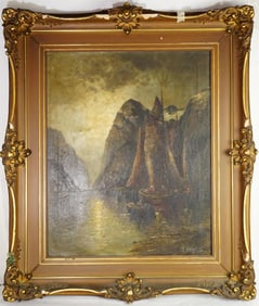 19th Century Oil Painting of Sail Boat In Moonlight, Signed