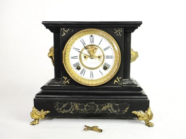 Ansonia Black Iron Mantel Clock W/Gilt