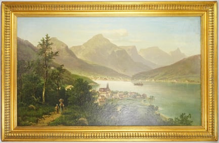Robert Lachner, Oil on Canvas "Village and Lake Scene"