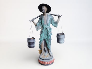 Large Bronze Figure of An Asian Or Chinese Man Carrying Water Buckets