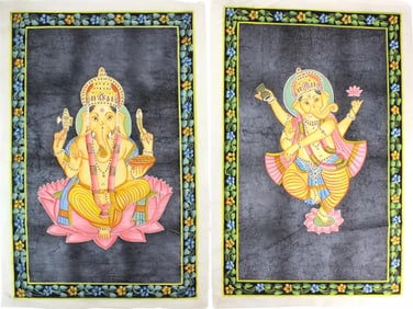 Lot of 2 Indian Silk Paintings of Ganesha