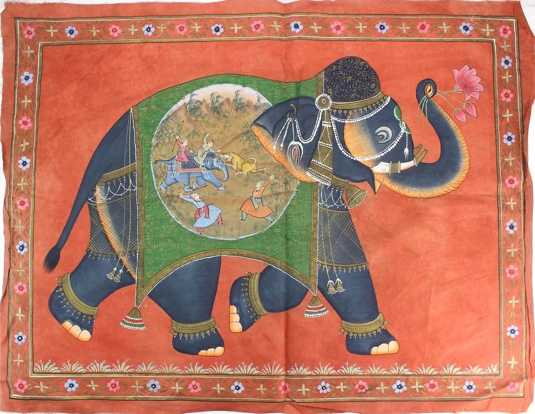 Large Indian Silk Painting of Elephant: Approximate size: 32x42 in Shipping: We offer in-house shipping services for most small items. This means that we will take care of packing and shipping the items directly to you. For larger or specia