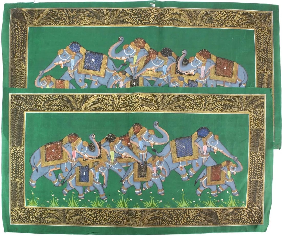 Lot of 2 Indian Elephant Procession Silk Paintings: Approximate size: 16.5x31 in Shipping: We offer in-house shipping services for most small items. This means that we will take care of packing and shipping the items directly to you. For larger or spec