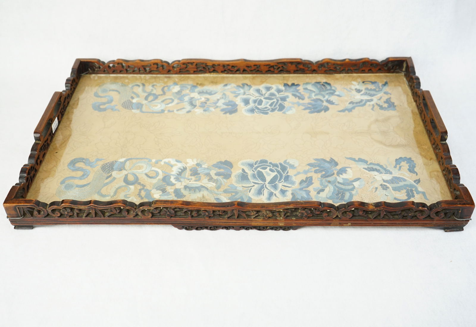 Chinese Hardwood Tray Inset with a Silk Panel: Approximate size:20.75x13.5x1.75 in Shipping: We offer in-house shipping services for most small items. This means that we will take care of packing and shipping the items directly to you. For larger