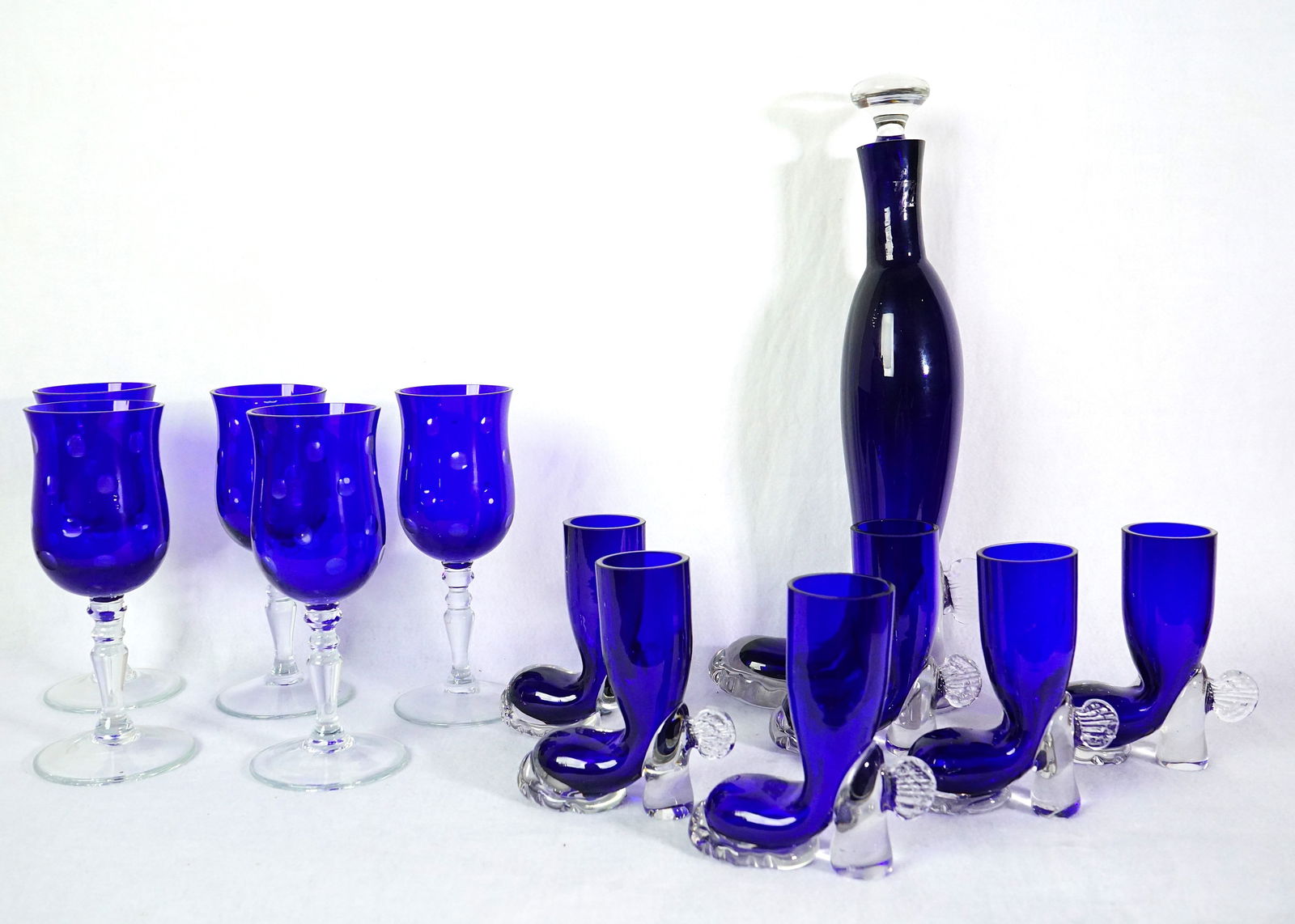 Gobalt Blue Glass Boot-Shaped Barware Set: Approximate size:largest 11x6x3 in,smallest 4.25x4x1.5 in Shipping: We offer in-house shipping services for most small items. This means that we will take care of packing and shipping the items direct